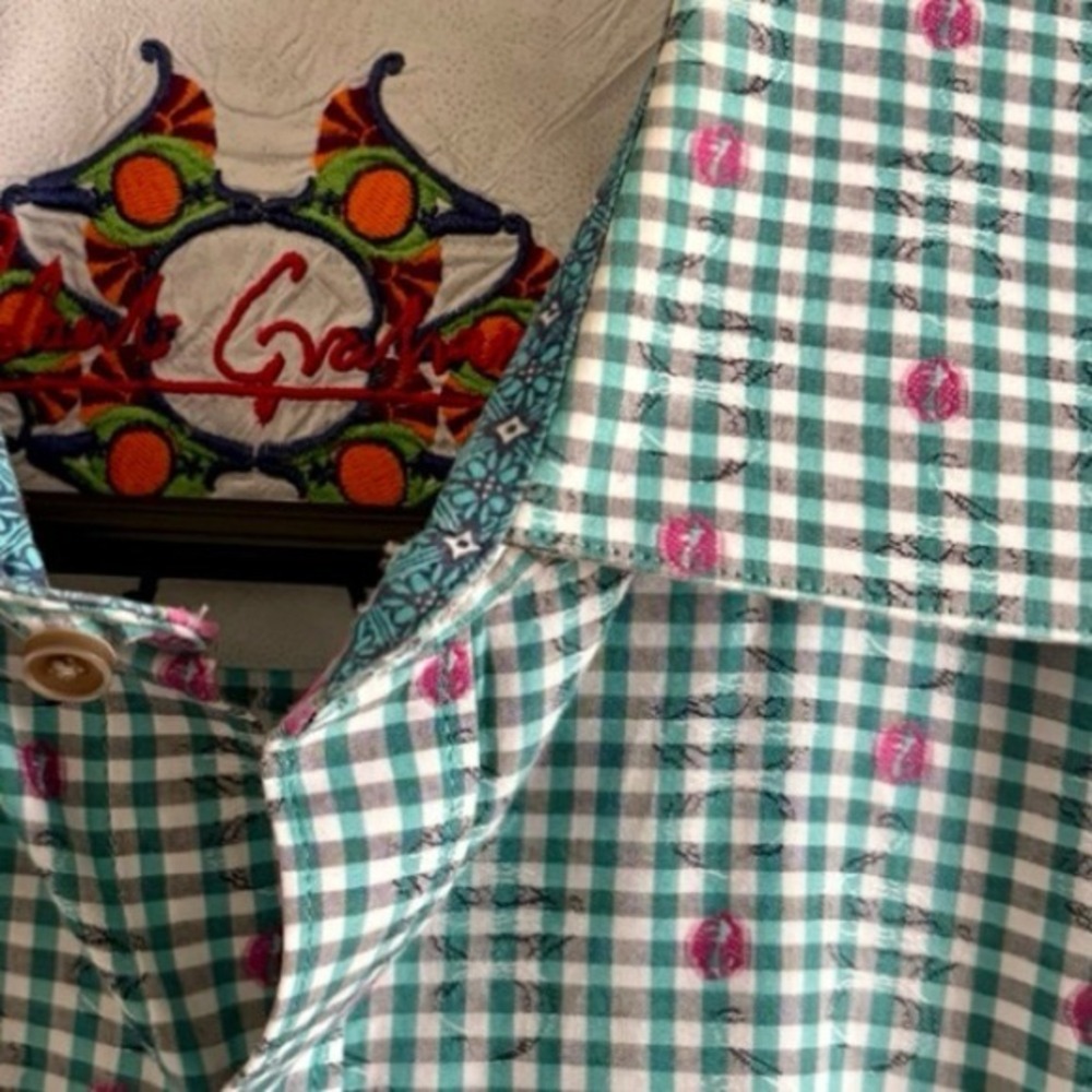Artsy and Bold Robert Graham Statement Men's Button-Up Shirt –‎ XL Teal Gingham